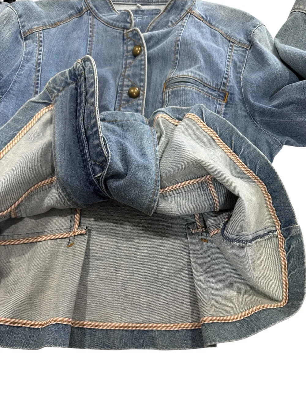 LOFT Denim Jacket Blue Mandarin Collar Peplum Button Front Jean size 12